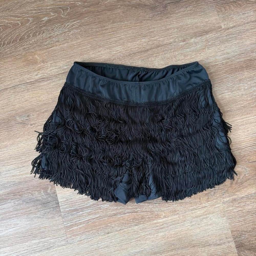 Black fringe mini shorts with ruffled texture, size S.